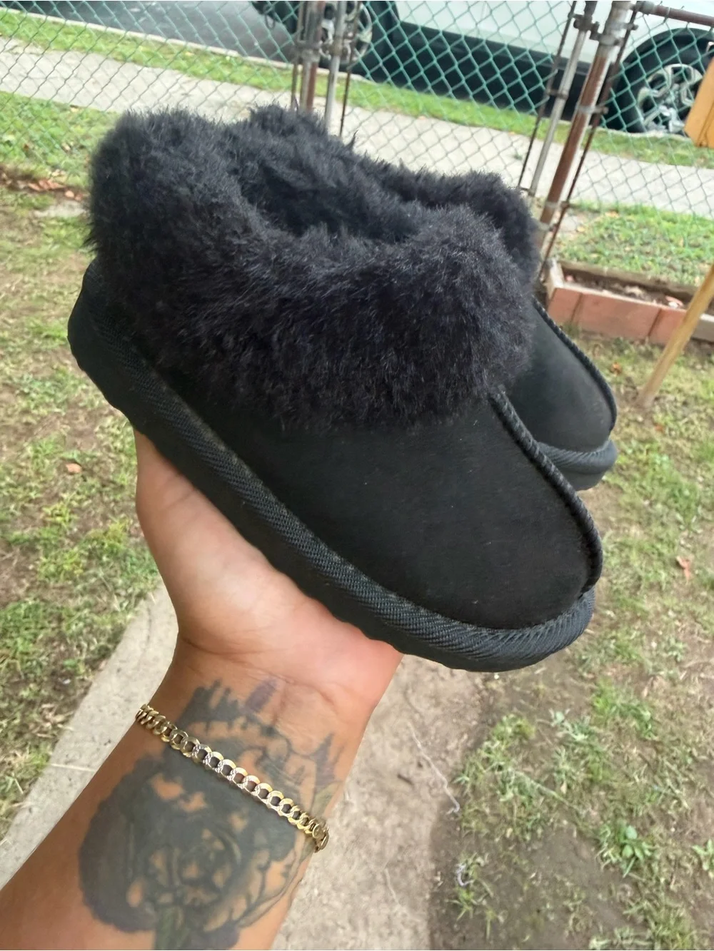 Kids Black Fuzzy Slip-On Shoes